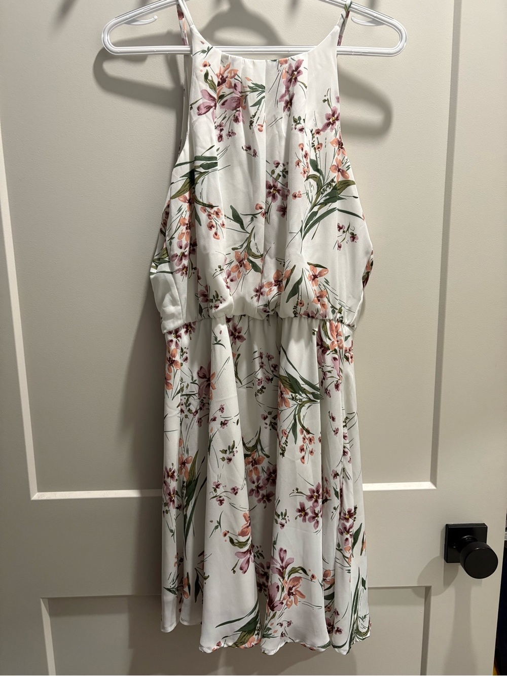 Eclipse White Floral Halter Midi Dress with Pink and Green Blooms